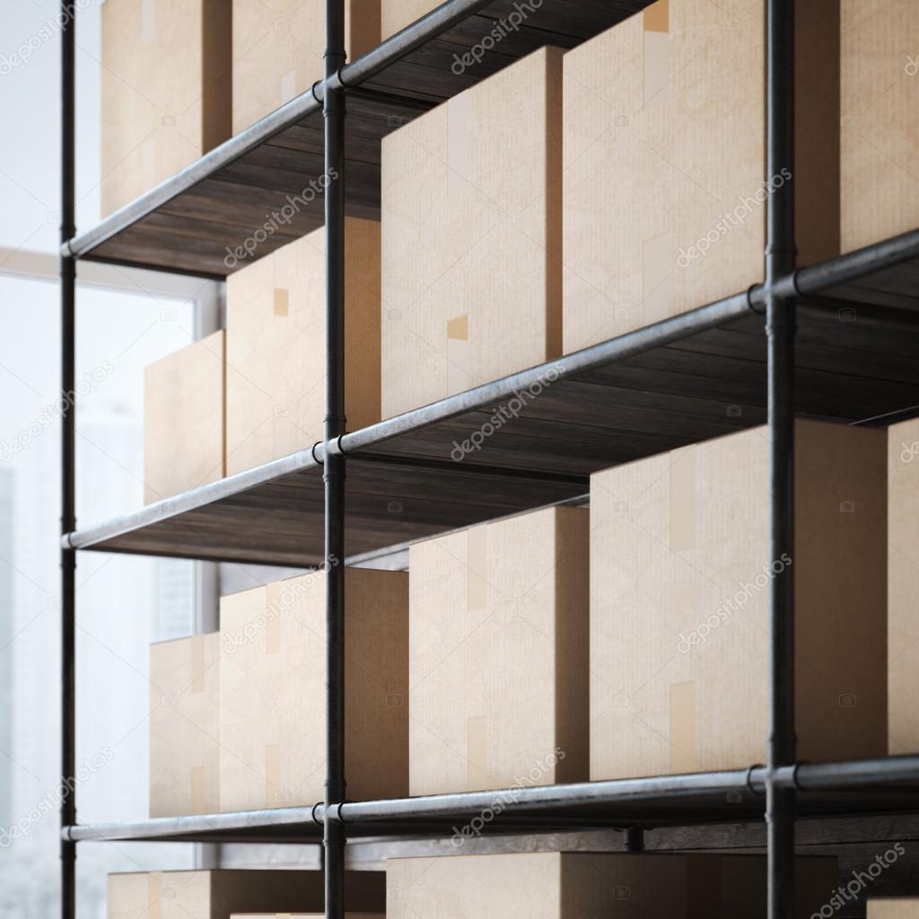 Shelves with cardboard boxes. 3d rendering