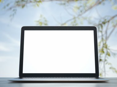 bir arka plan mavi gökyüzünde bilgisayarda 