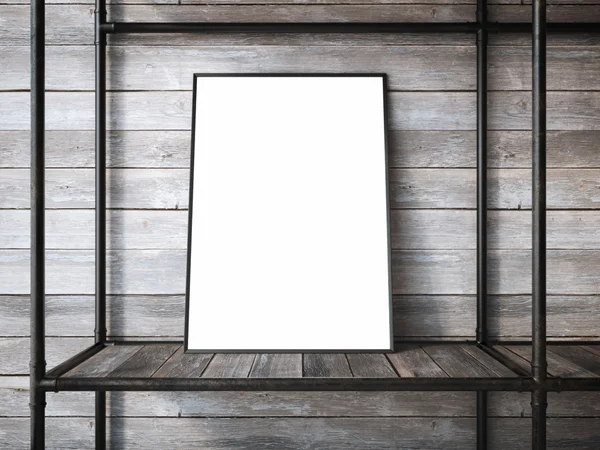 Empty metal shelves with blank frame 3d rendering — Stock Photo, Image