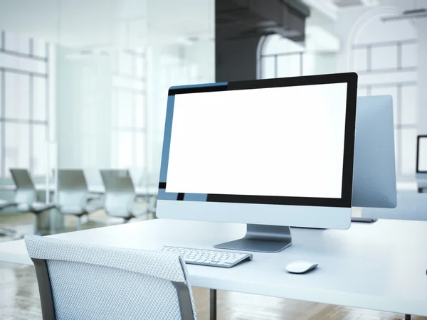 Blank computer screen with white chair. 3d rendering — Stock Photo, Image