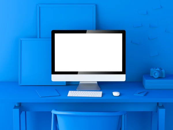 Espacio de trabajo moderno azul abstracto. renderizado 3d — Foto de Stock