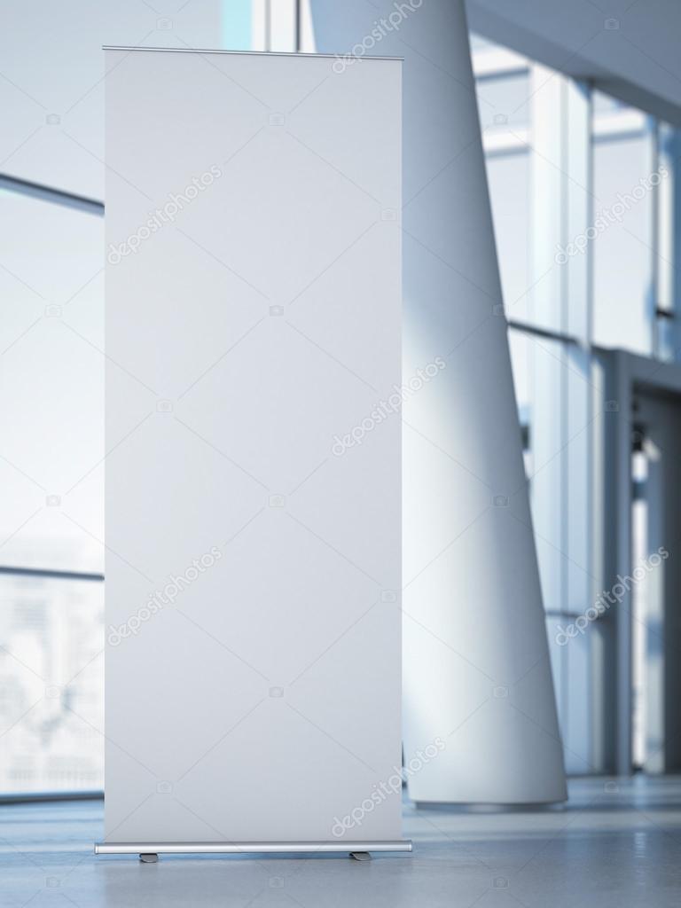 Blank roll up banner at the modern office. 3d rendering