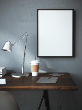 Çalışma alanı Kupası ve boş çerçeve ile. 3D render