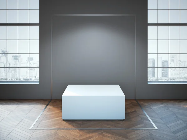 Białe podium na drewnianej podłodze. renderowania 3D — Zdjęcie stockowe