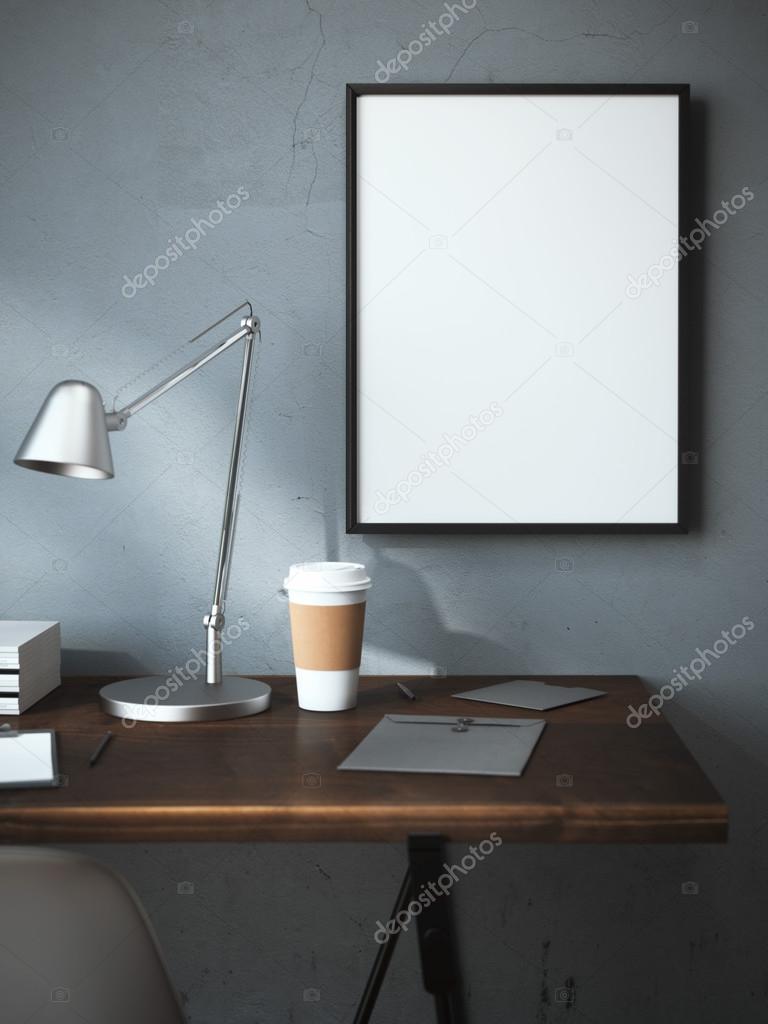 Workplace with cup and blank frame. 3d rendering