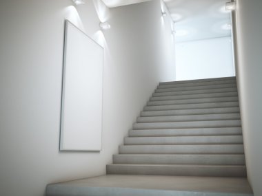 Parlak merdiven ile lambalar ve poster. 3D render