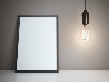 Boş beyaz bir çerçeve ile parlayan ampul. 3D render