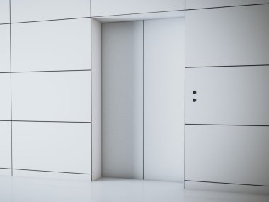 Asansör ile modern beyaz salonu. 3D render