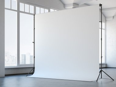 Boş beyaz studio loft iç arka planda. 3D render