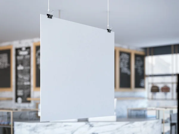 Белая вывеска висит в кафе. 3d-рендеринг — стоковое фото