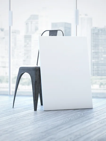 Lege witte canvas in de buurt van stoel. 3D-rendering — Stockfoto