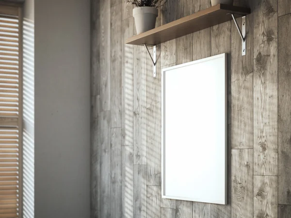 Lienzo en blanco en la pared de madera en el interior. renderizado 3d — Foto de Stock