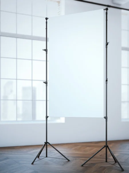 Blank white canvas on two tripods in loft. 3d rendering — Stock Photo, Image