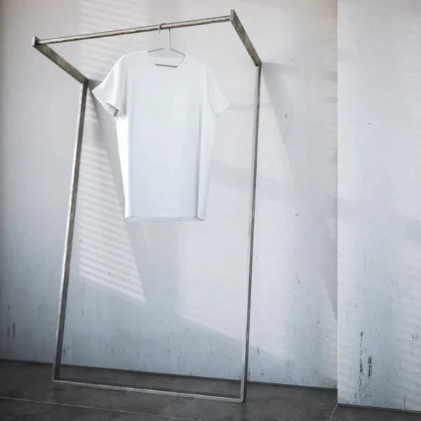 Blank t-shirt on hager in bright interior. 3d rendering — Stock Photo, Image