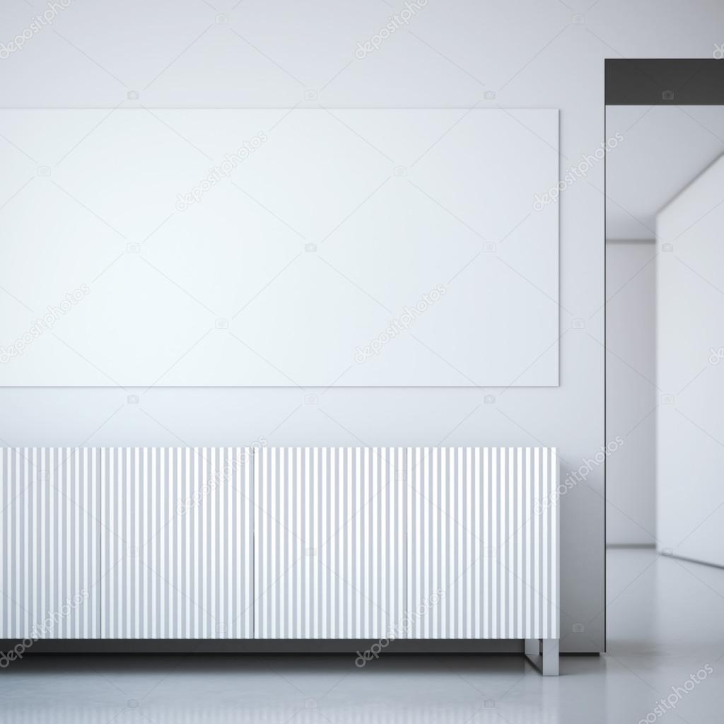 Big poster in white interior with chest. 3d rendering