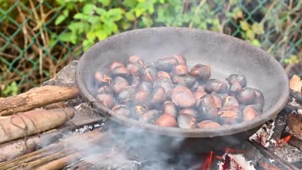 Geroosterde kastanjes en maroni boven het vuur in een speciale stalen pan. Traditionele Italiaanse herfst lekkernijen buiten gekookt — Stockvideo
