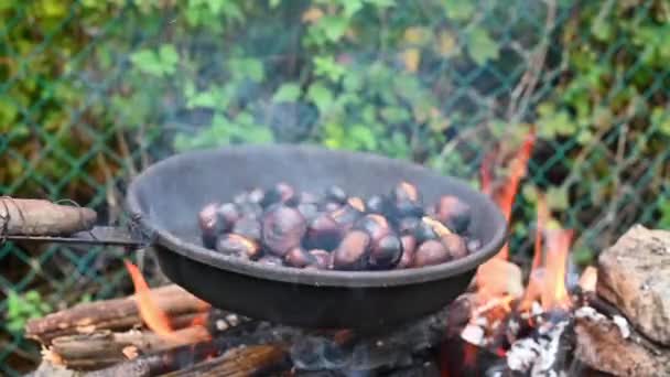 Kastanien und Maroni über dem Feuer in einer speziellen Stahlpfanne rösten. Traditionelle italienische Herbstdelikatessen, die im Freien zubereitet werden — Stockvideo