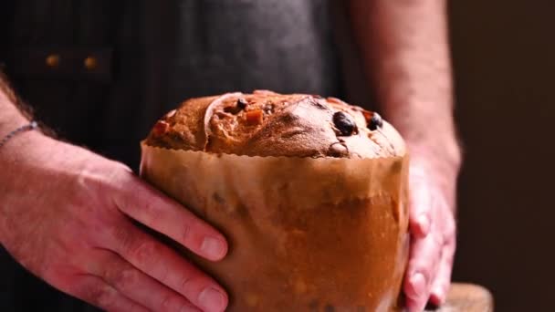 Panettone de Milán. Pasteles italianos tradicionales para Navidad con frutas secas y almendras. Pan dulce festivo espolvoreado con azúcar glaseado. — Vídeos de Stock