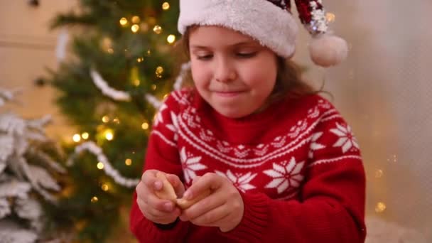 Ένα κοριτσάκι με καπέλο 'γιου Βασίλη ανοίγει ένα μπισκότο τύχης. Παραδοσιακή Χριστουγεννιάτικη διασκέδαση για παιδιά και ενήλικες. — Αρχείο Βίντεο