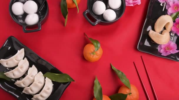 Flat lay Chinese new year food and drink still life. — Stock Video