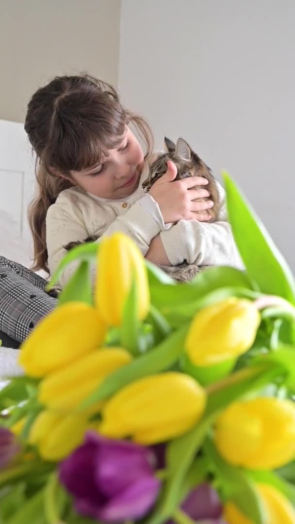 Mała dziewczynka z bukietem jasnych tulipanów i puszystym kotem. Kwiaty dla mamy na Dzień Kobiet 8 marca lub Dzień Matki prezent dla mamy. Pionowe wideo. — Wideo stockowe