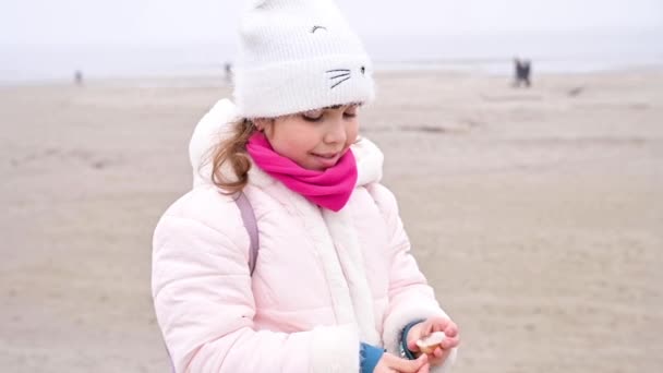 在早春的时候，一个有着欧洲风采的小女孩沿着大海的堤岸散步，她在玩贝壳。家庭户外娱乐的概念。慢动作 — 图库视频影像