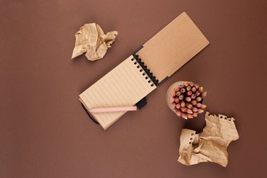 Buruşuk kağıt toplar ve notlar için eli olan bir defter.