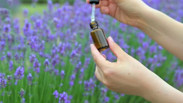 Aceite esencial de lavanda en hermosa botella en — Vídeos de Stock