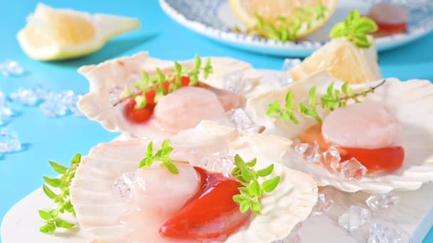 Chef préparant des plats gastronomiques sains, pétoncles poêlés avec caviar sur un beau plat en coquillages de crustacés. Un plat traditionnel de france et de fruits de mer italiens — Video