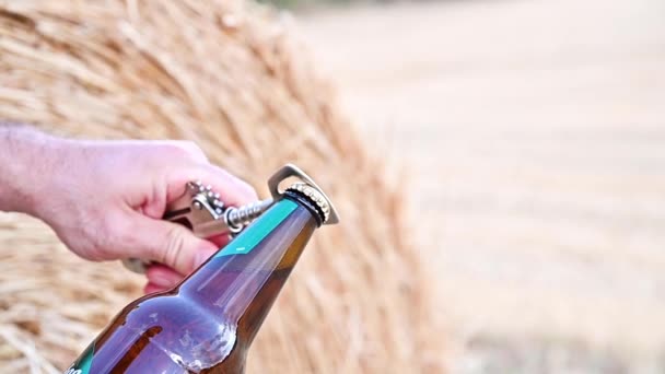 Cerveja leve Cold Craft na garrafa com gotas de água. — Vídeo de Stock