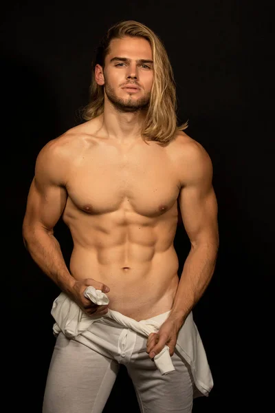 Sexy Sport Muscle Strongface Blond Guy Long Hair White Underwear — Stock Photo, Image