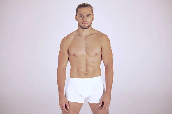 Sexy Sport Muscle Strongface Blond Guy Long Hair White Underwear — Stock Photo, Image