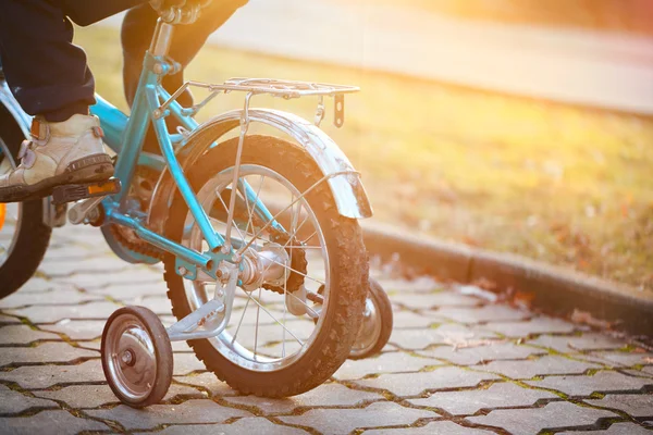 Criança em uma bicicleta em dia ensolarado. Visão traseira . — Fotografia de Stock