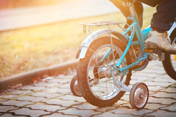Criança em uma bicicleta em dia ensolarado. Visão traseira . — Fotografia de Stock