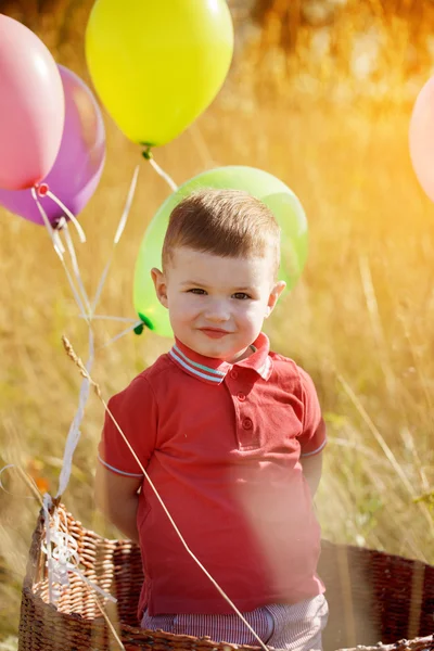 Ritratto Bambino in un cesto con palloncini colorati in estate . — Foto Stock