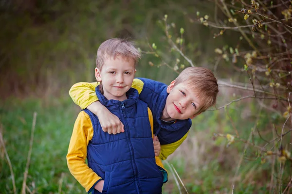 Twee kleine broer/zus jongens knuffelen en plezier buiten n de wa — Stockfoto