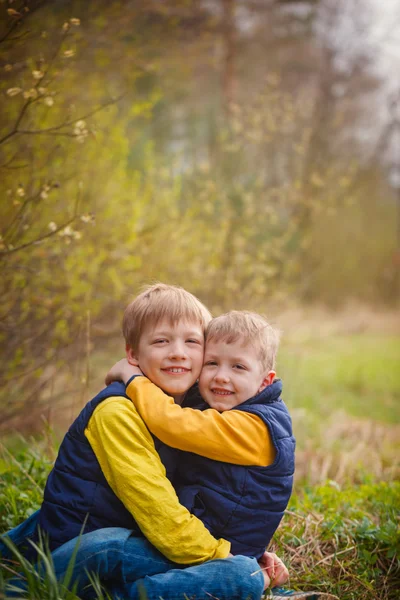 Portret gelukkig twee broers omarmen in zonnige dag. — Stockfoto