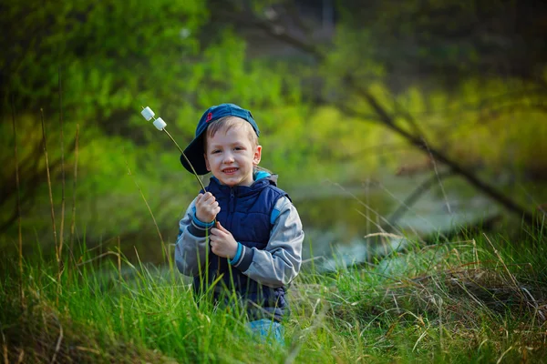 Cute boy  holding stick and  ready for eating roasted marshmallo — Stock Photo, Image