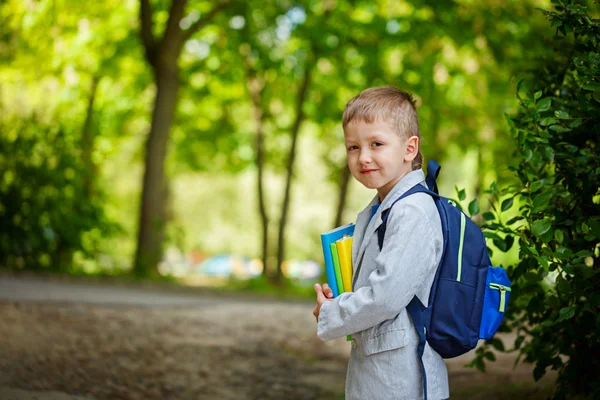 Милый маленький мальчик с книгами и рюкзаком на зеленой природе — стоковое фото