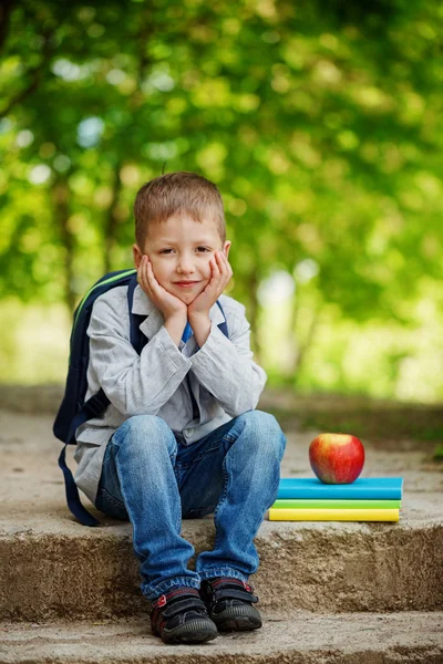 Zabawny mały chłopiec siedzi na kamieniu z książek, jabłko i backpac — Zdjęcie stockowe