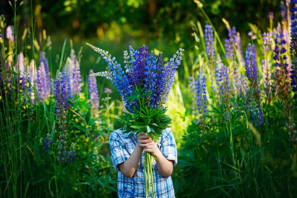 Petit enfant tenant un bouquet de lupins violets champ de fleurs — Photo