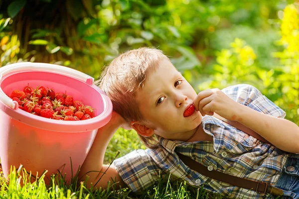 Дети едят клубнику в летний день. Ребенок с полной корзиной фруктов — стоковое фото