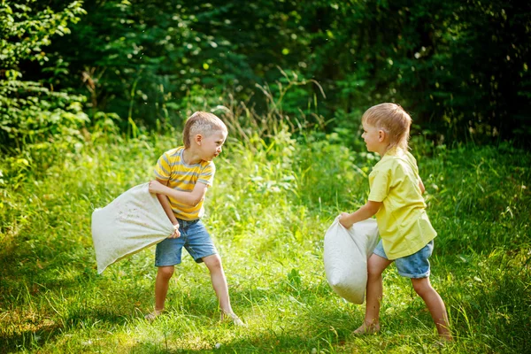 儿童和枕头在一个阳光灿烂的夏天花园里一起战斗 — 图库照片