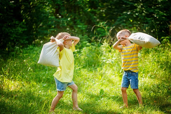 Niños luchando juntos con almohadas en un soleado jardín de verano —  Fotos de Stock