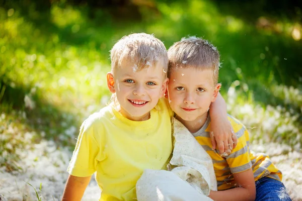 Retrato de dos niños divirtiéndose al aire libre. Dos niños relajarse en un — Foto de Stock