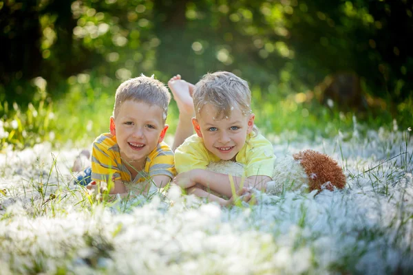 İki küçük çocuklar arkadaş sarılma ve yaz aylarında çim üzerinde yalan — Stok fotoğraf