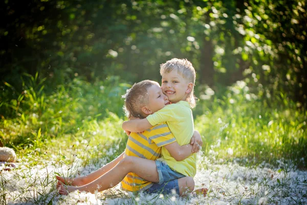Due piccoli amici si abbracciano nel giardino estivo. Brothe — Foto Stock