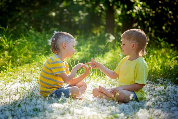 Taş-kağıt-makas çimenlerin üzerinde oturan iki küçük kardeş oynamak — Stok fotoğraf