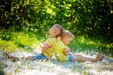 Two little boys , friends ,  resentful kids in summer day . Conc clipart