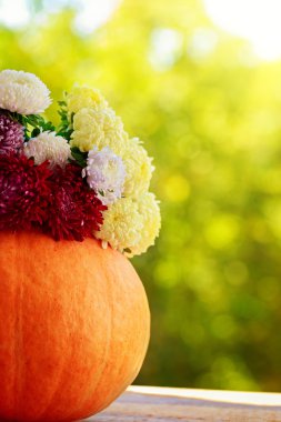 Ahşap masa doğal arka plan üzerinde renkli çiçeklerle kabak.